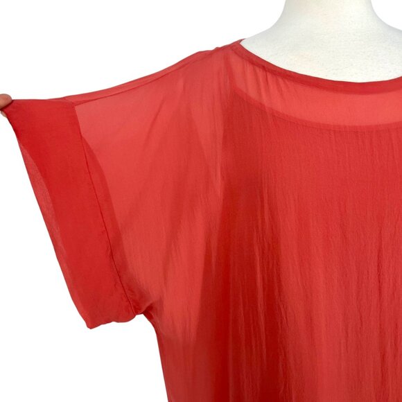 Eileen Fisher Sheer Overlay Top Tunic Length Short Sleeve Rust Peach Size Large - Picture 3 of 10